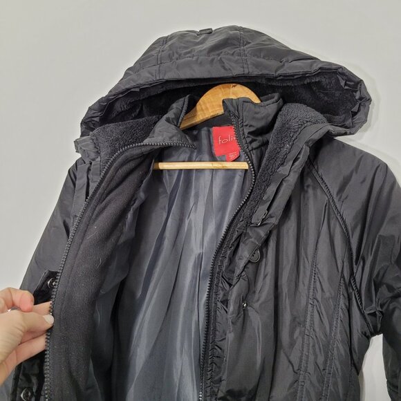 Folia Black Belted Classic Puffer Jacket Lined Hooded Winter Pockets Coat Office - Picture 6 of 16